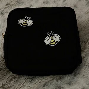 Black Cosmetic Pouch with Bee Embroidered Patches